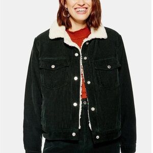 Topshop Dark Green Corduroy Moto Jacket with Cream Sherpa Collar